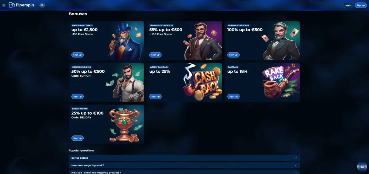 Piperspin casino bonusaanbod tot €2.500 en gratis spins