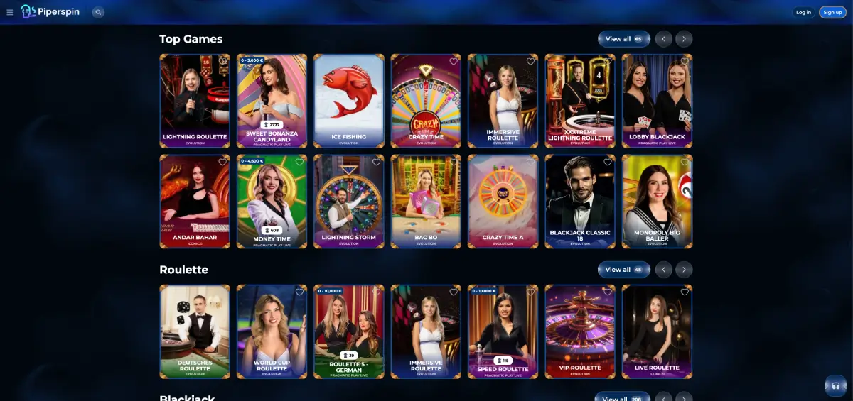 Piperspin live casino met roulette en blackjacktafels