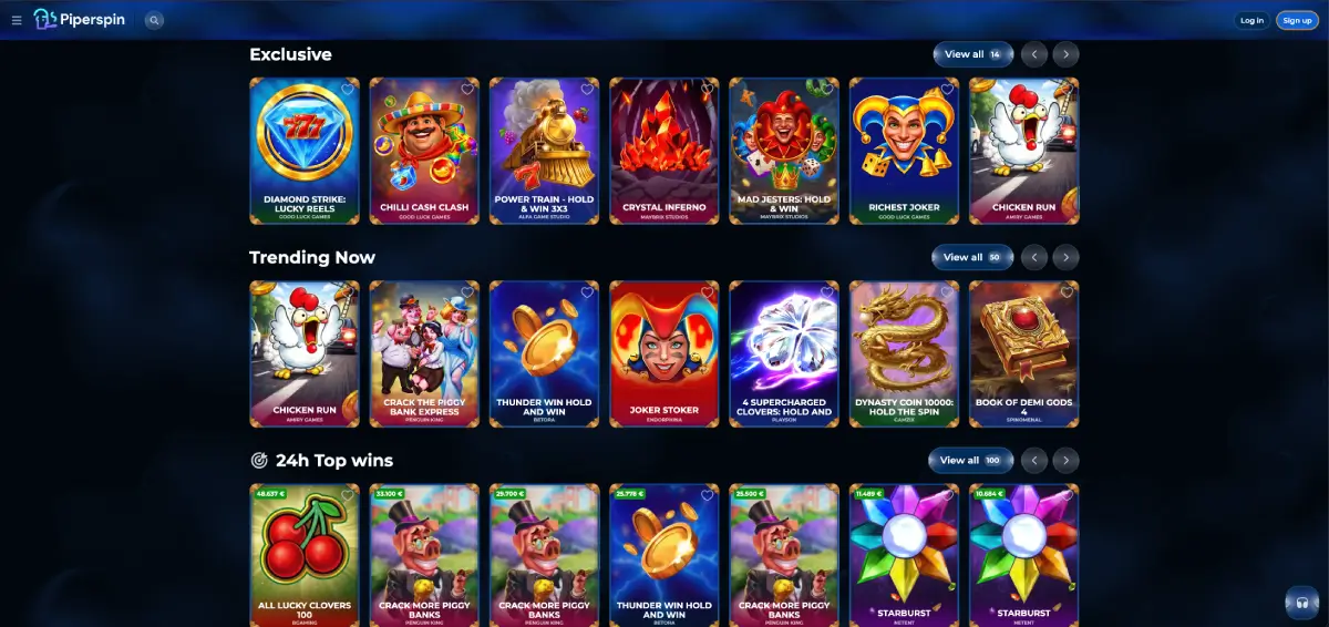 Piperspin casino slotlobby met populaire spellen